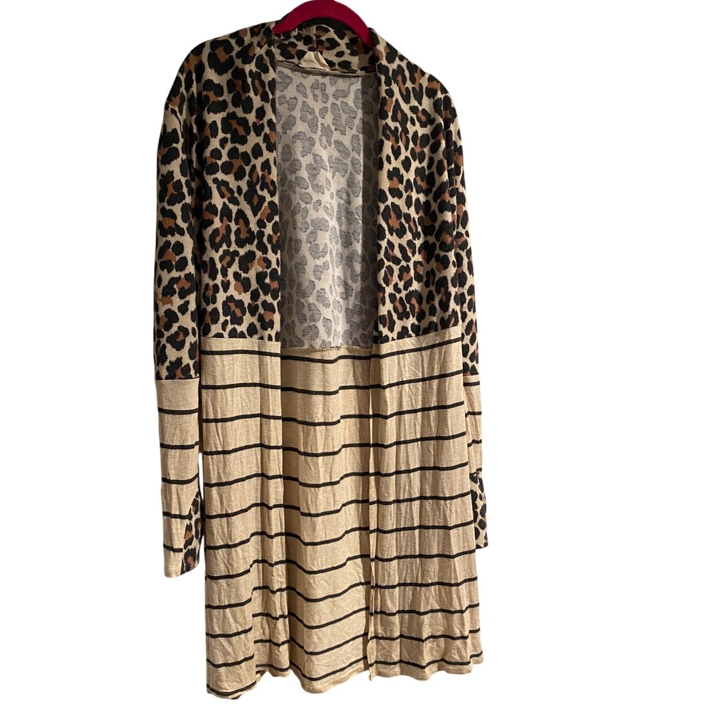 boutique Chic Leopard Stripe Long Sleeve Open Front Duster Cardigan Large